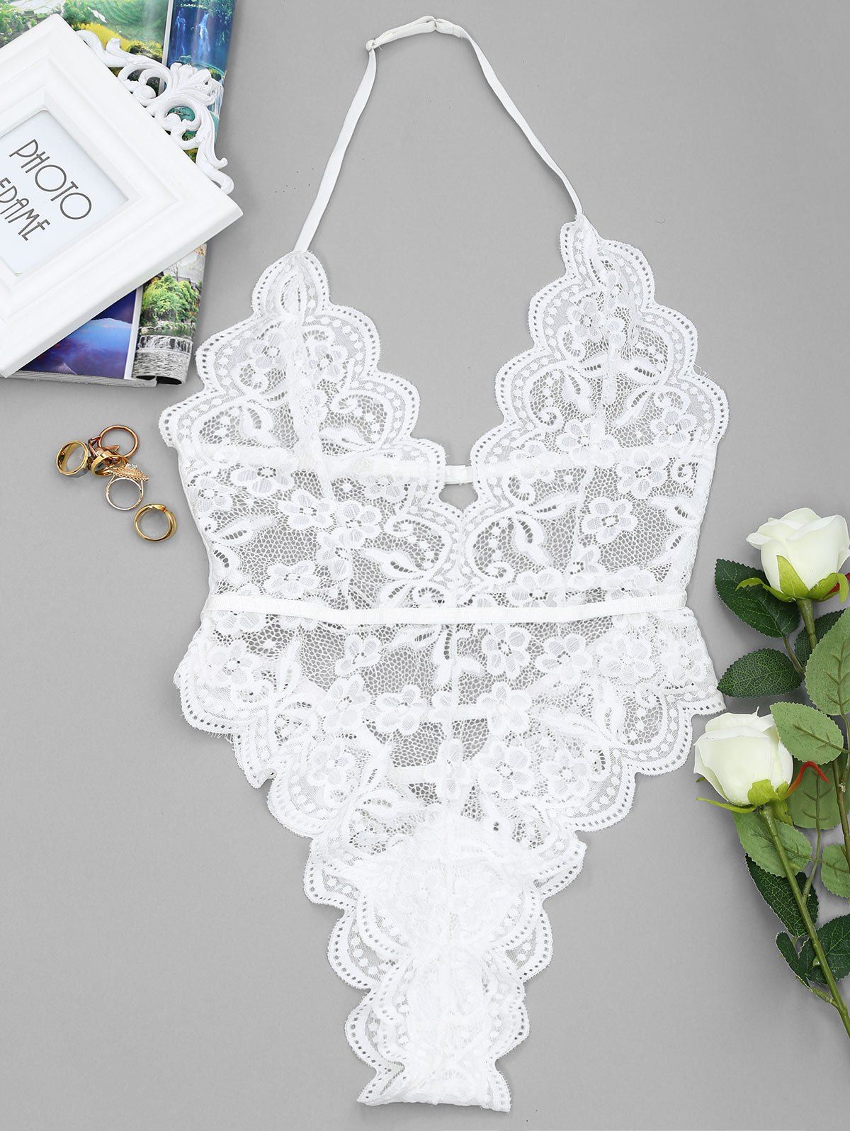 

Backless Sheer Lace High Cut Bodysuit, White