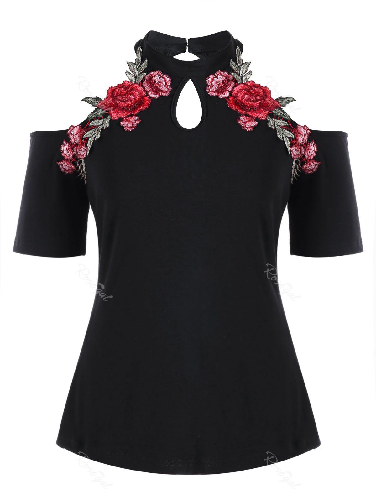 

Plus Size Open Shoulder Embroidery T-shirt, Black