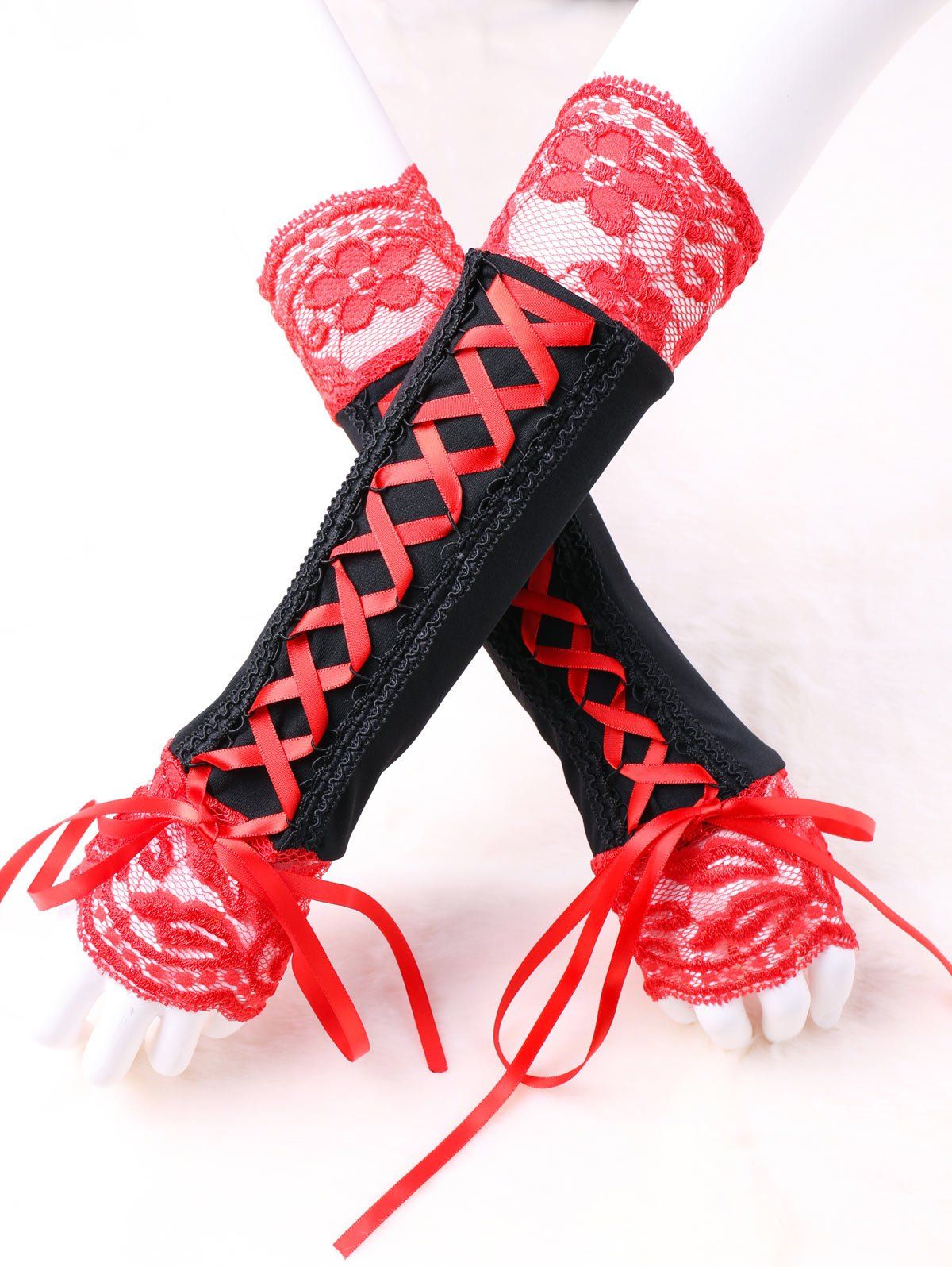 

Lace Up Two Tone Fingerless Arm Warmer, Red with black