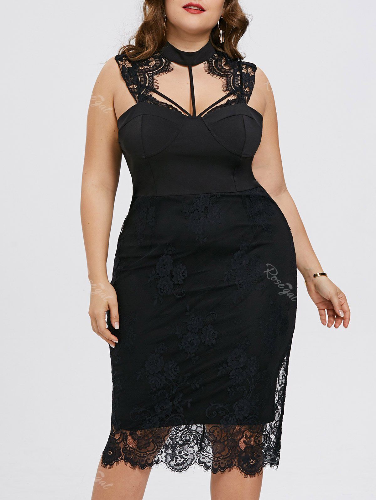 

Plus Size Cut Out Lace Insert Bodycon Dress, Black