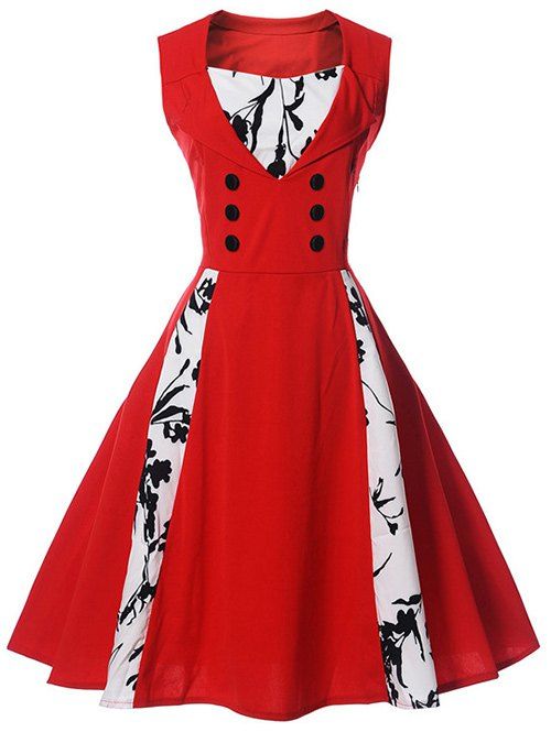 

Double Breasted Floral Insert Swing Dress, Red