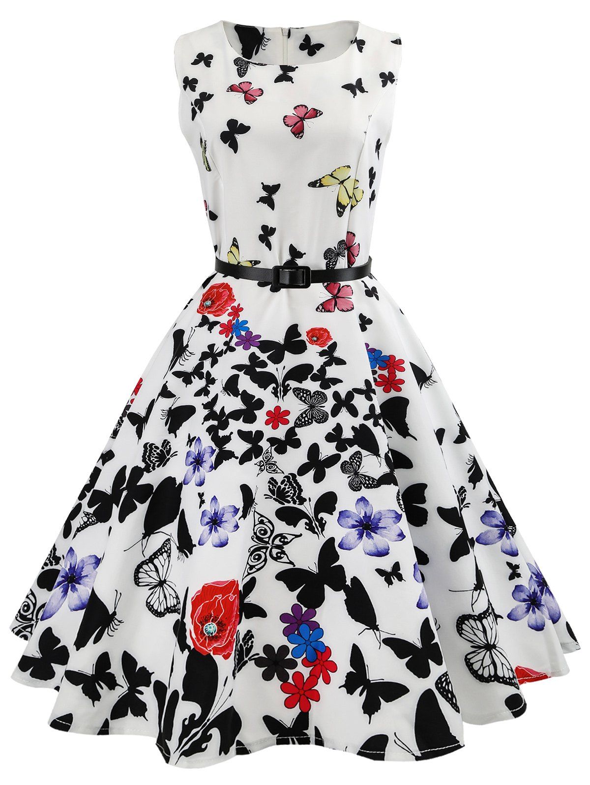 

Sleeveless Butterfly Printed Swing Dress, Colormix
