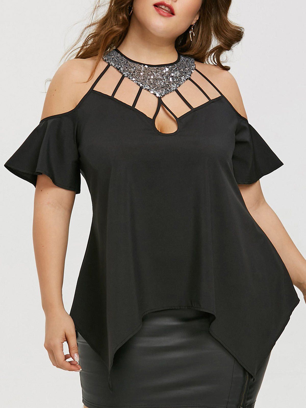 

Plus Size Bell Sleeve Sequined Blouse, Black