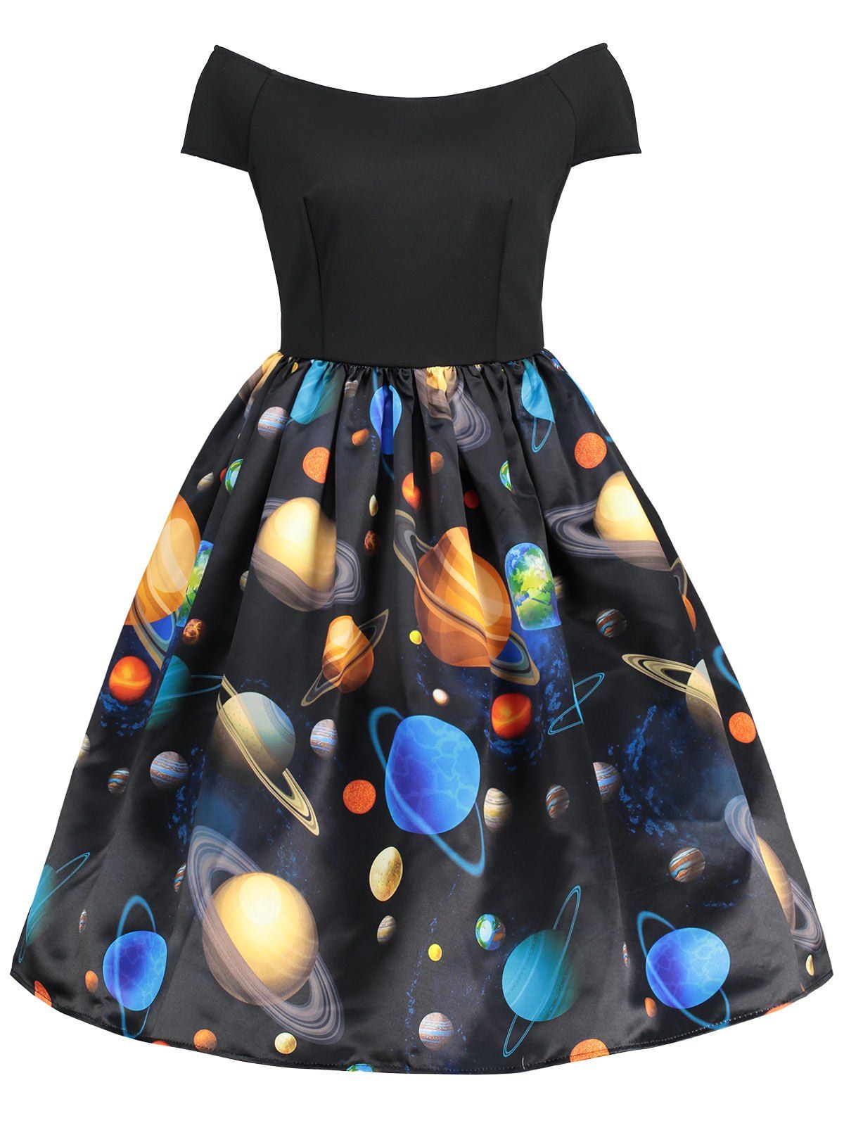

Planet Print Short Sleeve A Line Dress, Black