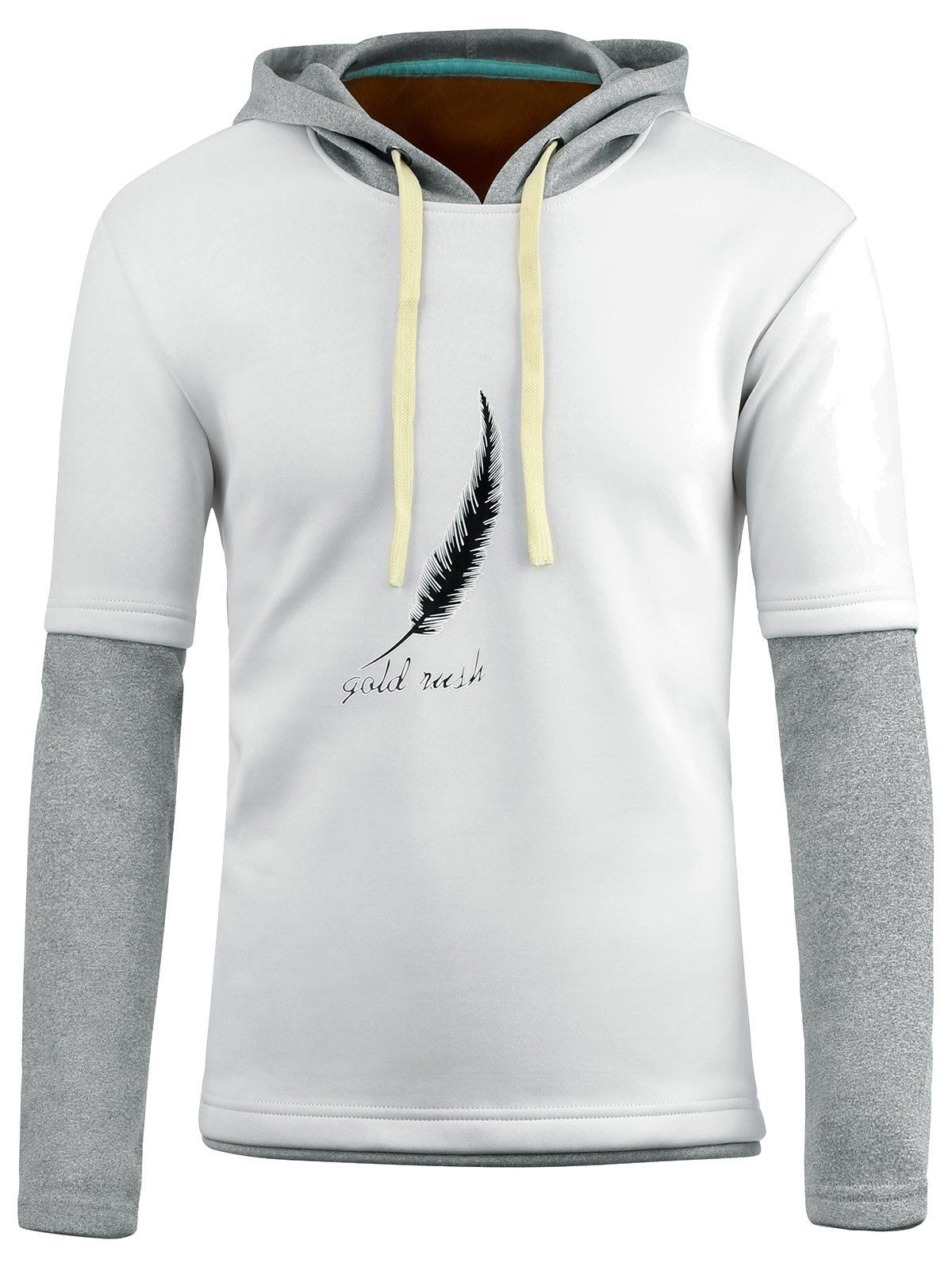 

Feather Print Pullover Flocking Faux Twinset Hoodie, White