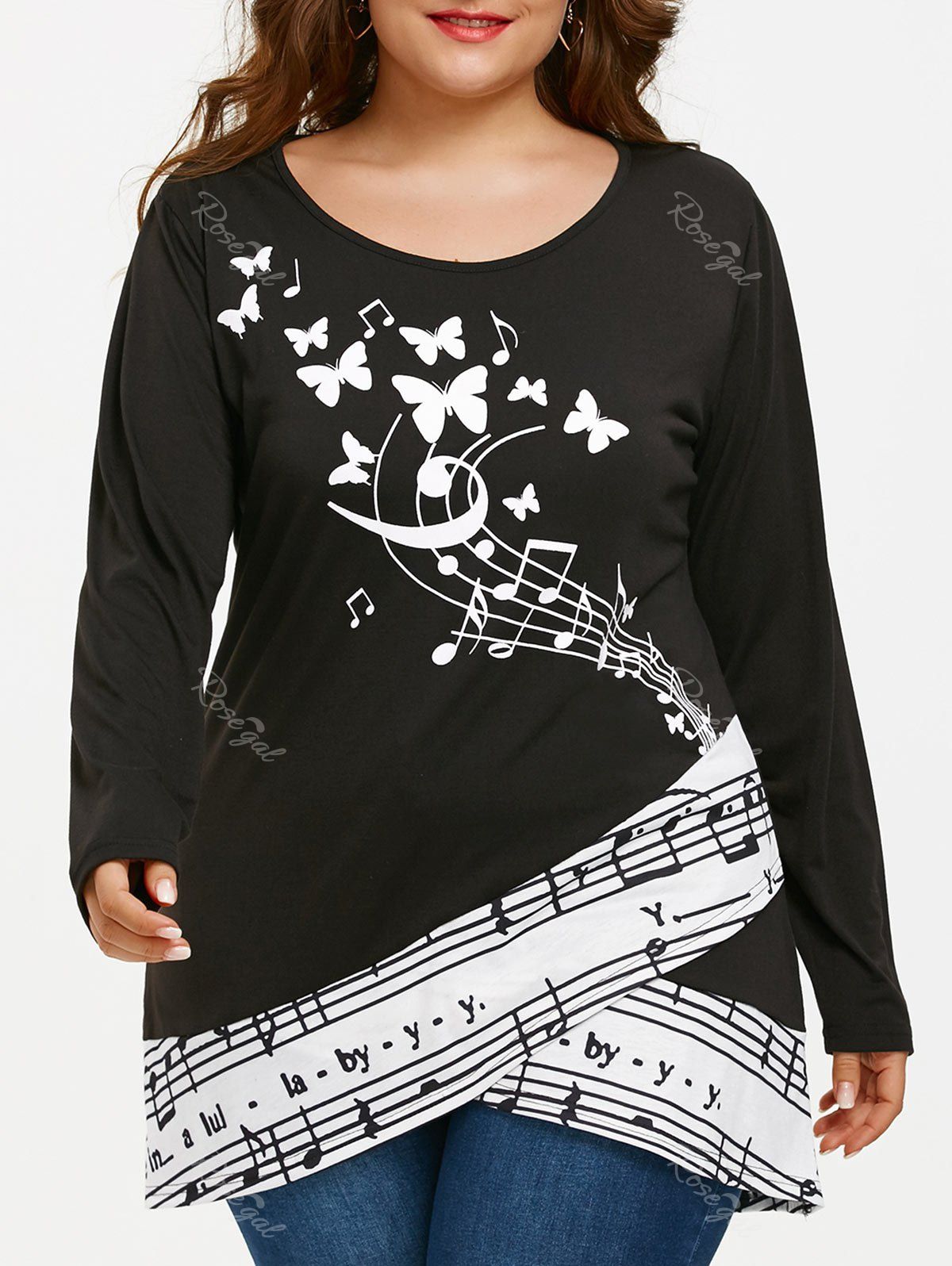 

Musical Notes Butterfly Print Plus Size T-shirt, Black
