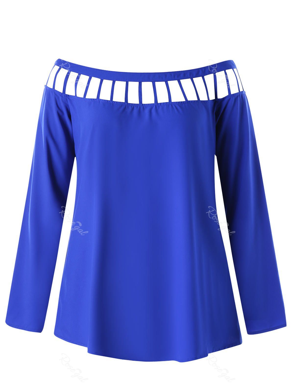 

Lattice Cut Plus Size Long Sleeve Blouse, Blue