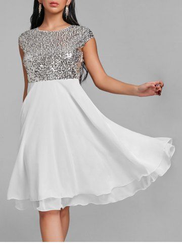 Glitter Flare Sequin Cocktail Dress - White - S