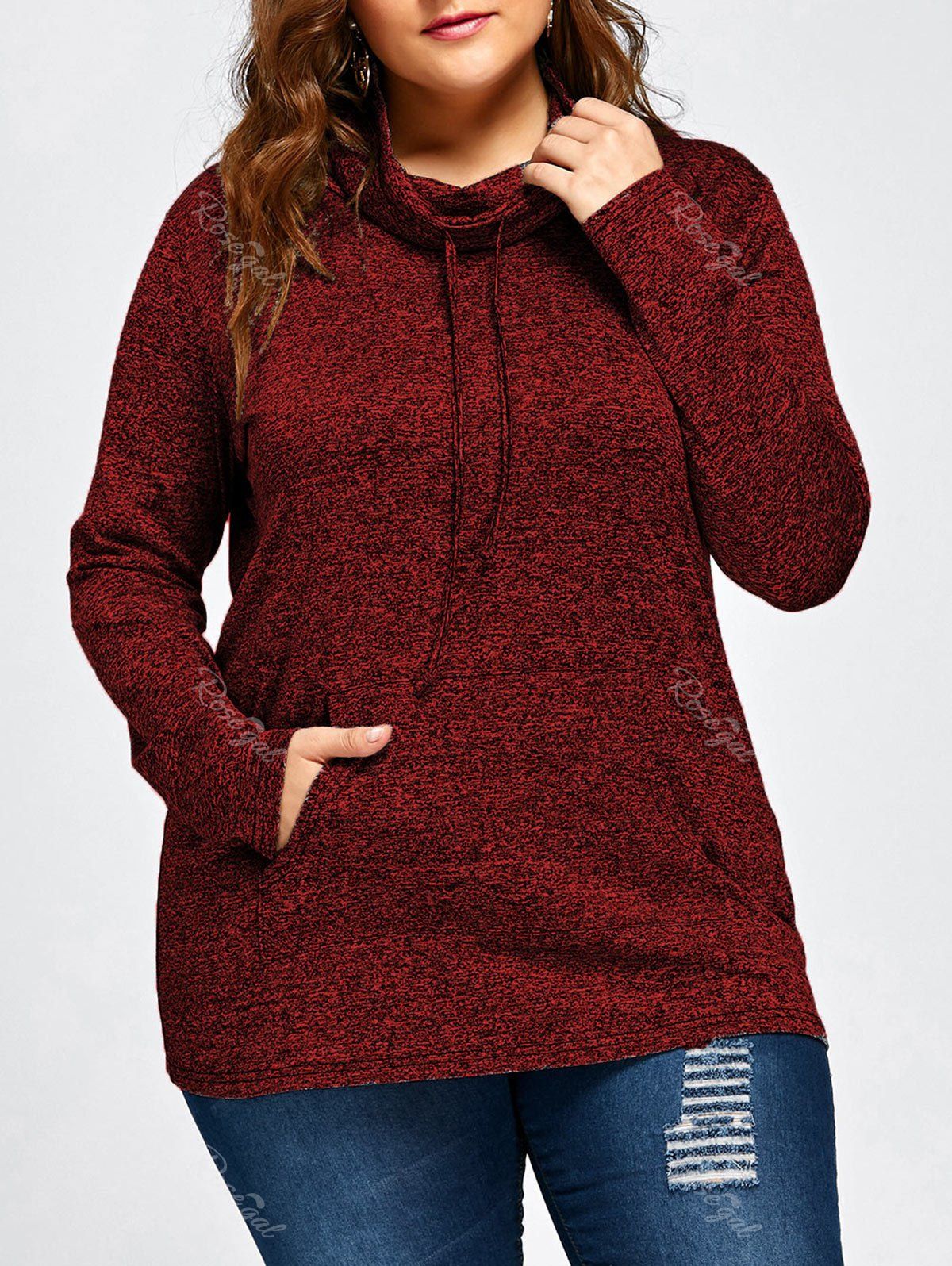 

Plus Size Drawstring Long Sleeve Cowl Neck Top, Wine red