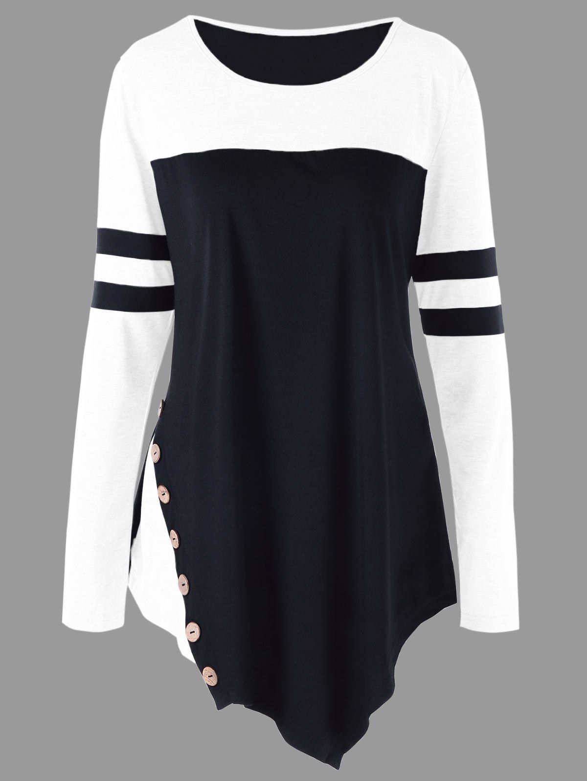 

Plus Size Buttons Asymmetric Two Tone Color Top, White and black