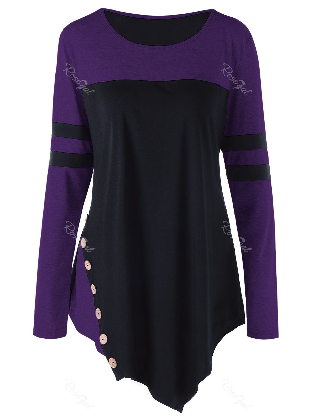 

Plus Size Buttons Asymmetric Two Tone Color Top, Black and purple