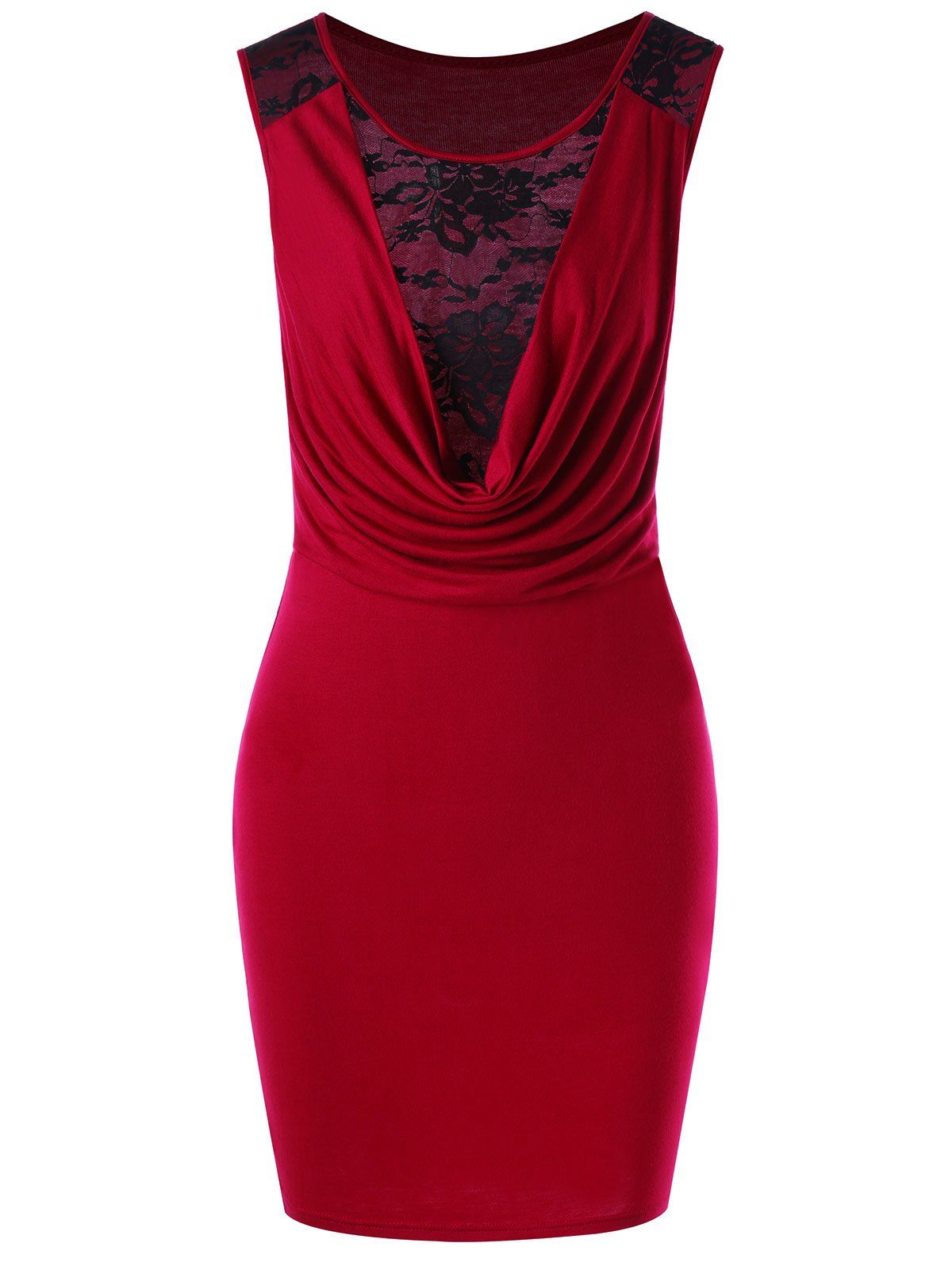 

Draped Lace Insert Mini Bodycon Dress, Wine red