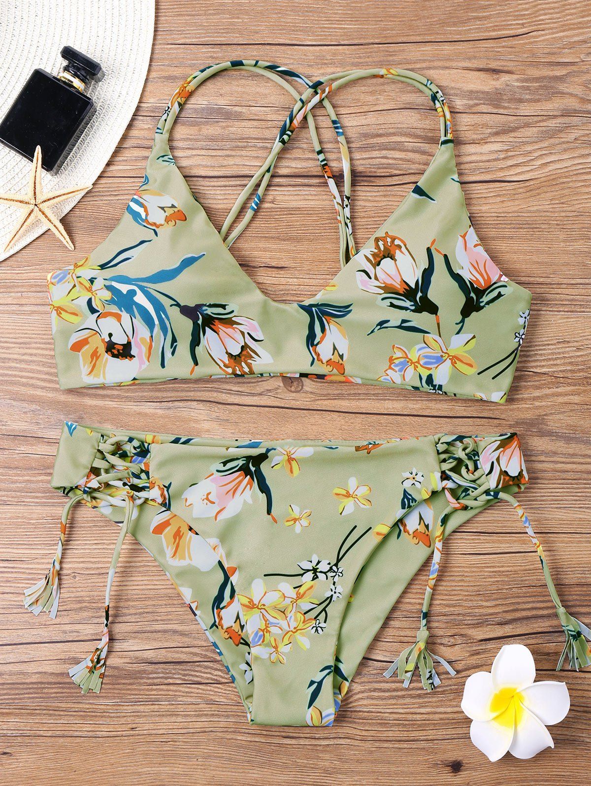 69 Off Lace Up Floral Hawaiian Bikini Set Rosegal