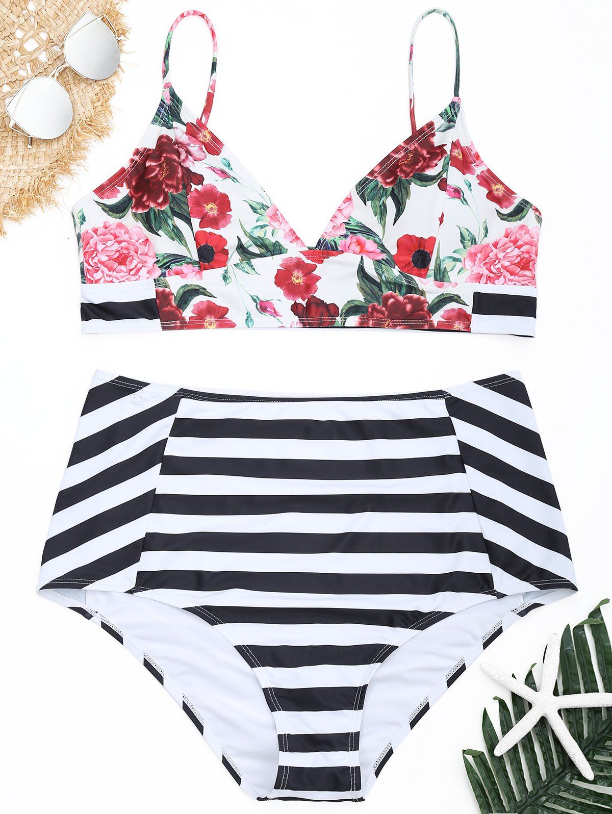 

Floral Striped Plus Size High Waisted Bikini Set, Colormix