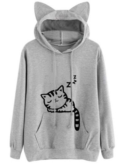 

Drawstring Sleeping Cat Pattern Pullover Hoodie, Gray