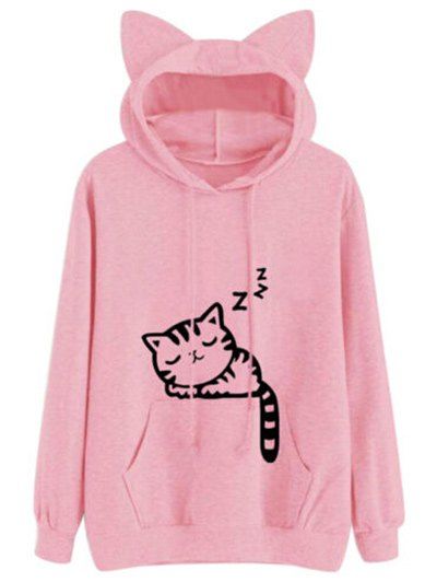 

Drawstring Sleeping Cat Pattern Pullover Hoodie, Pink