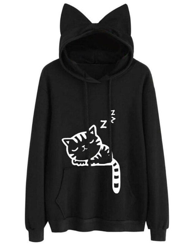 

Drawstring Sleeping Cat Pattern Pullover Hoodie, Black