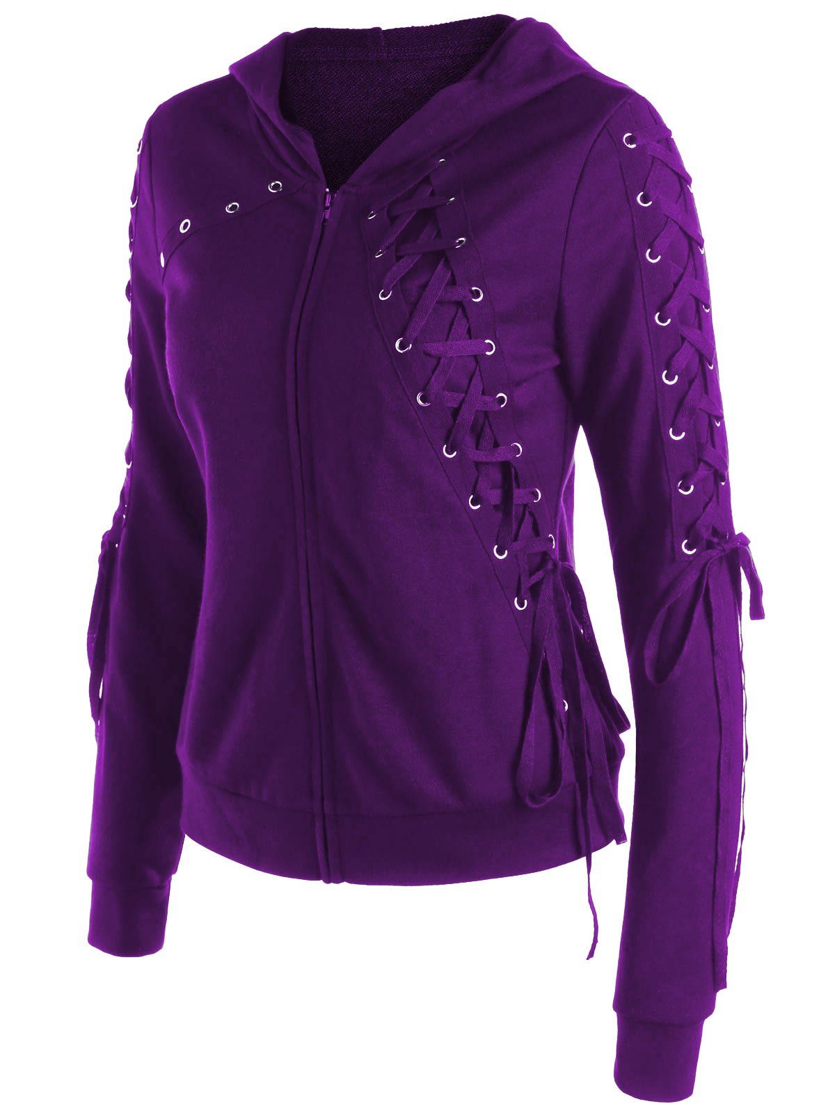 

Zipper Up Lace Up Hoodie, Deep purple