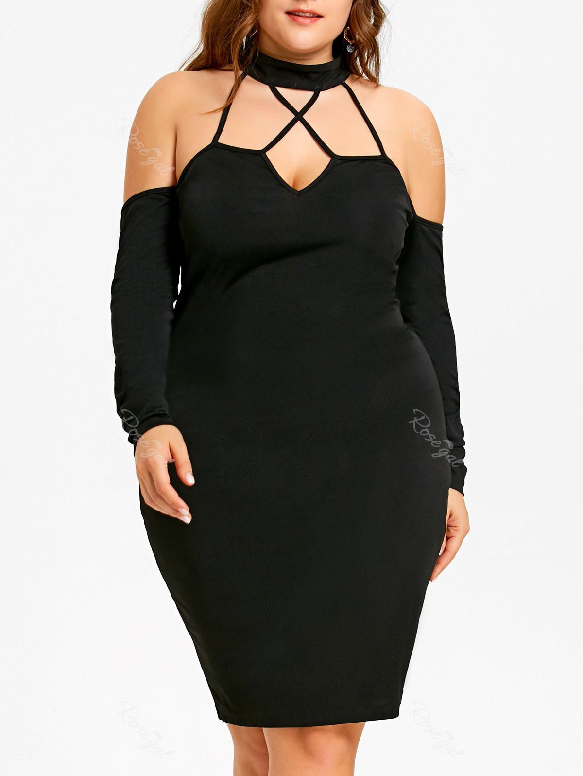 

Plus Size Strappy Mock Neck Open Shoulder Dress, Black