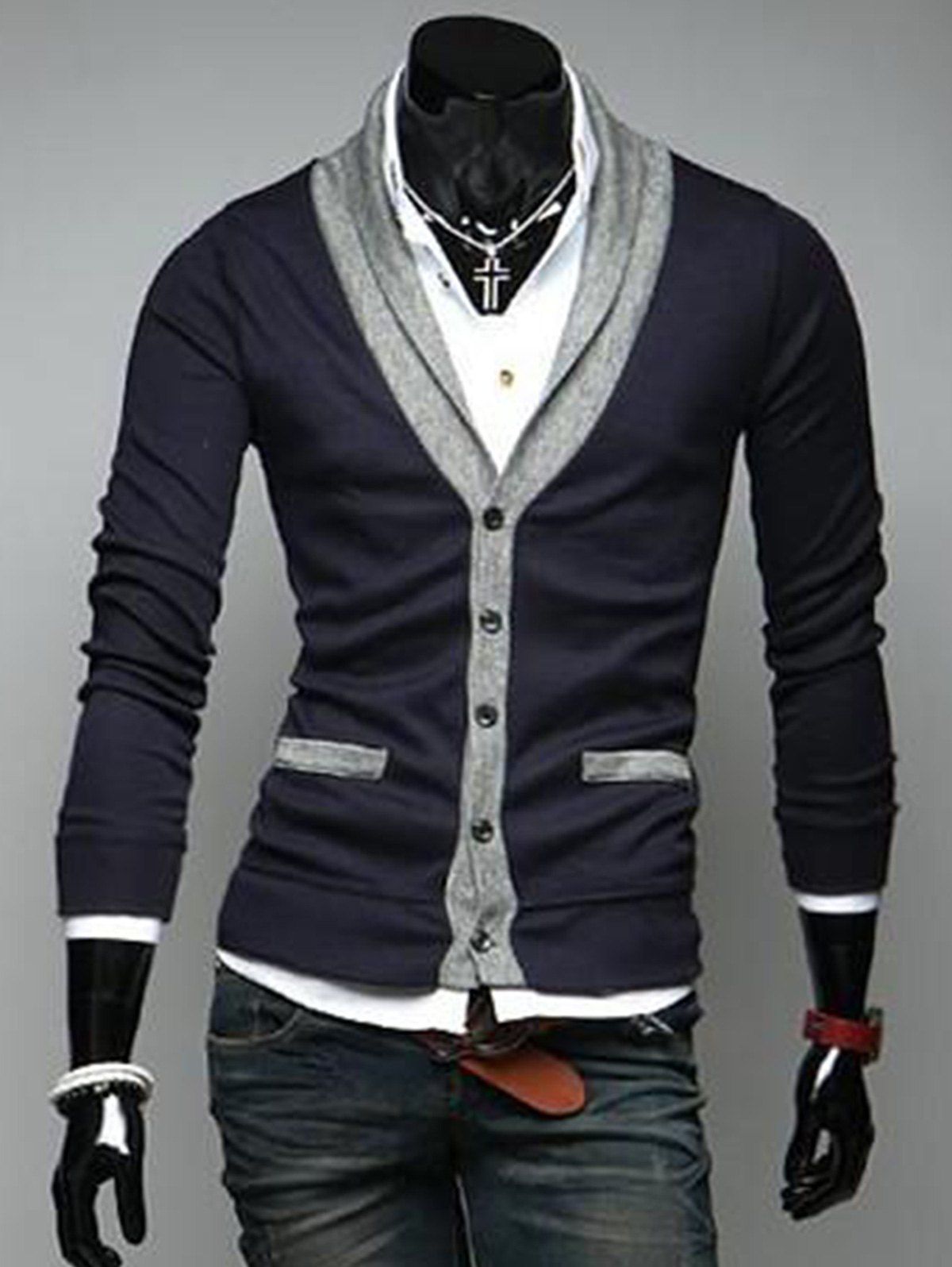 

V Neck Button Up Color Block Cardigan, Cadetblue