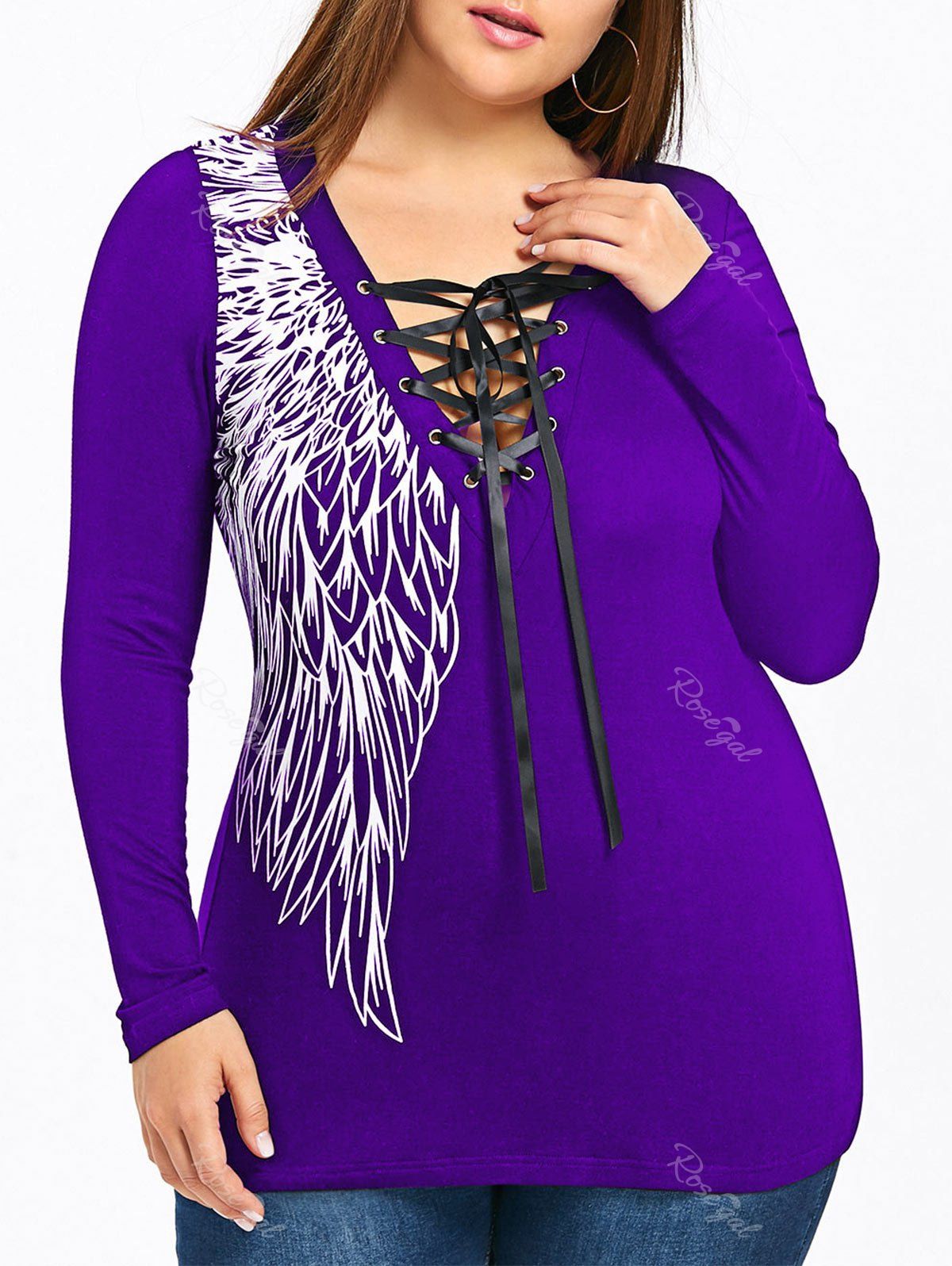 

Plus Size Wings Print Lattice Front Top, Purple