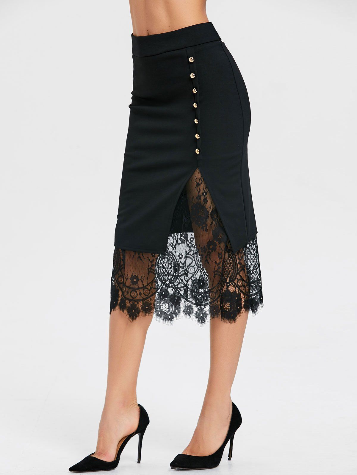 

Oblique Button Lace Slit Midi Skirt, Black
