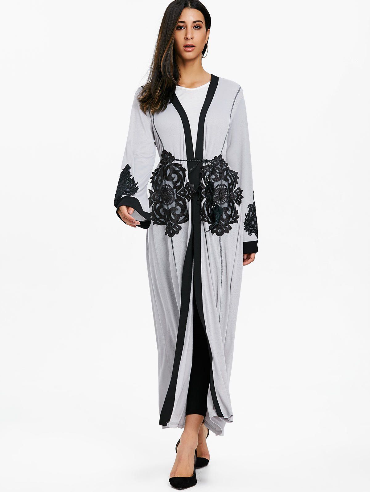 

Lace Panel Open Front Maxi Coat, Gray