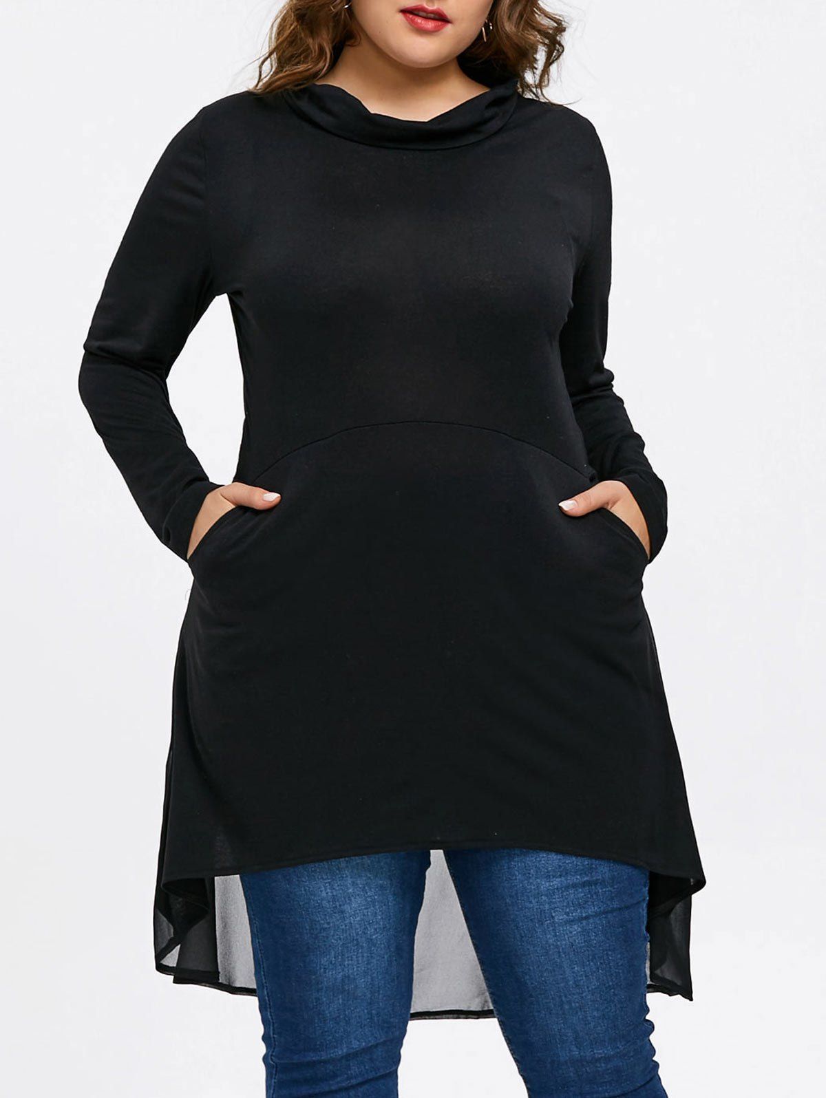

Plus Size Button Panel Long High Low Top, Black