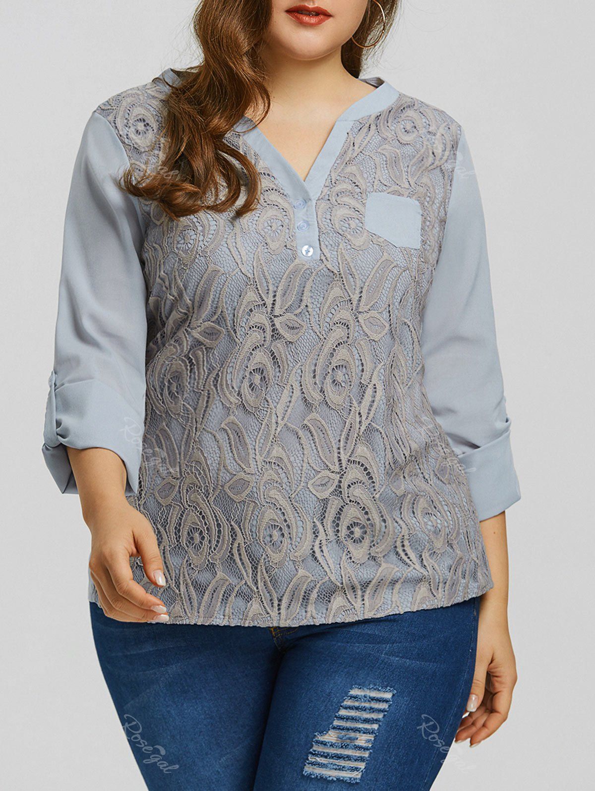 [61 OFF] Lace High Low Pocket Plus Size Blouse Rosegal