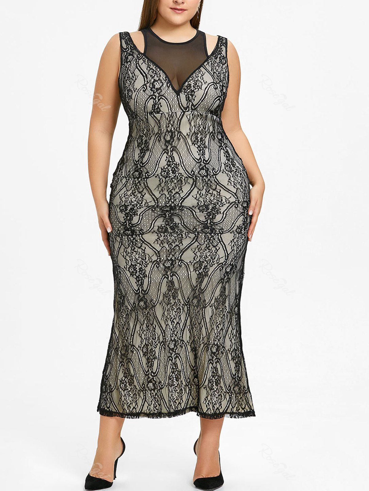 

Plus Size Lace Mesh Panel Evening Dress, Black