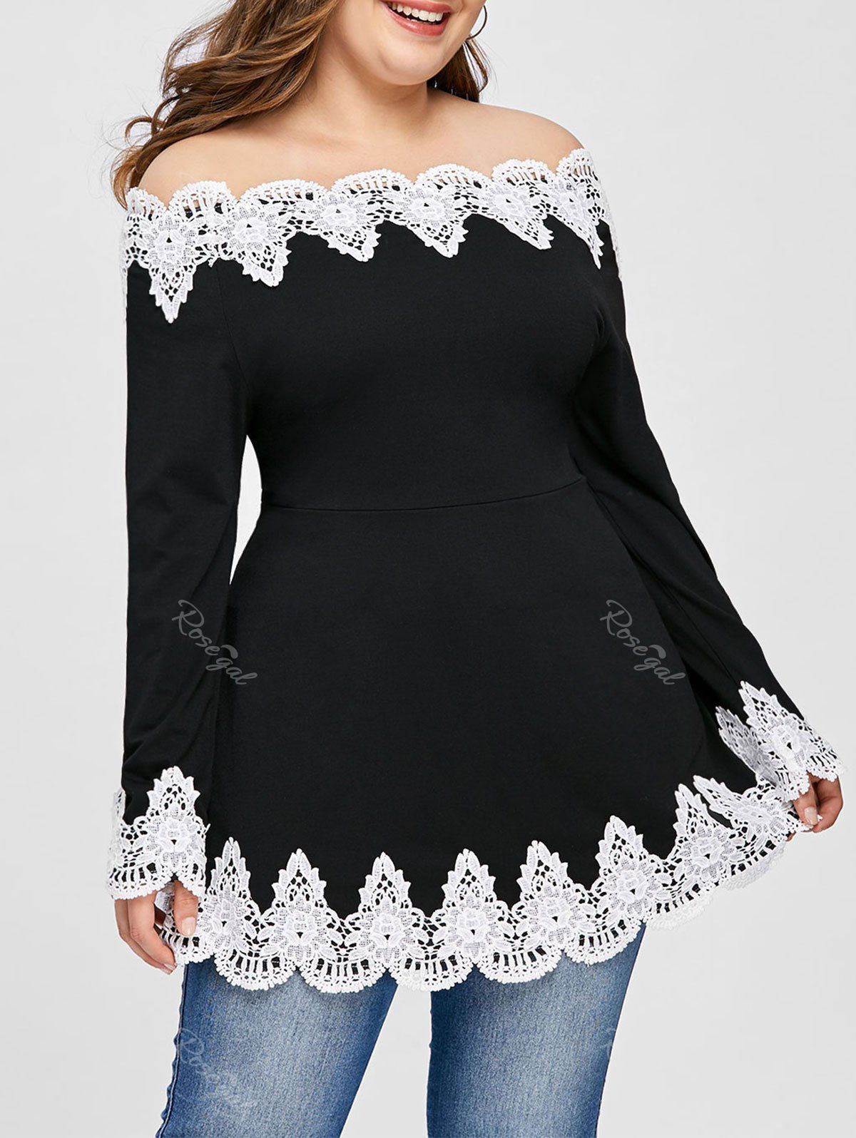

Plus Size Embroidery Off The Shoulder Top, Black
