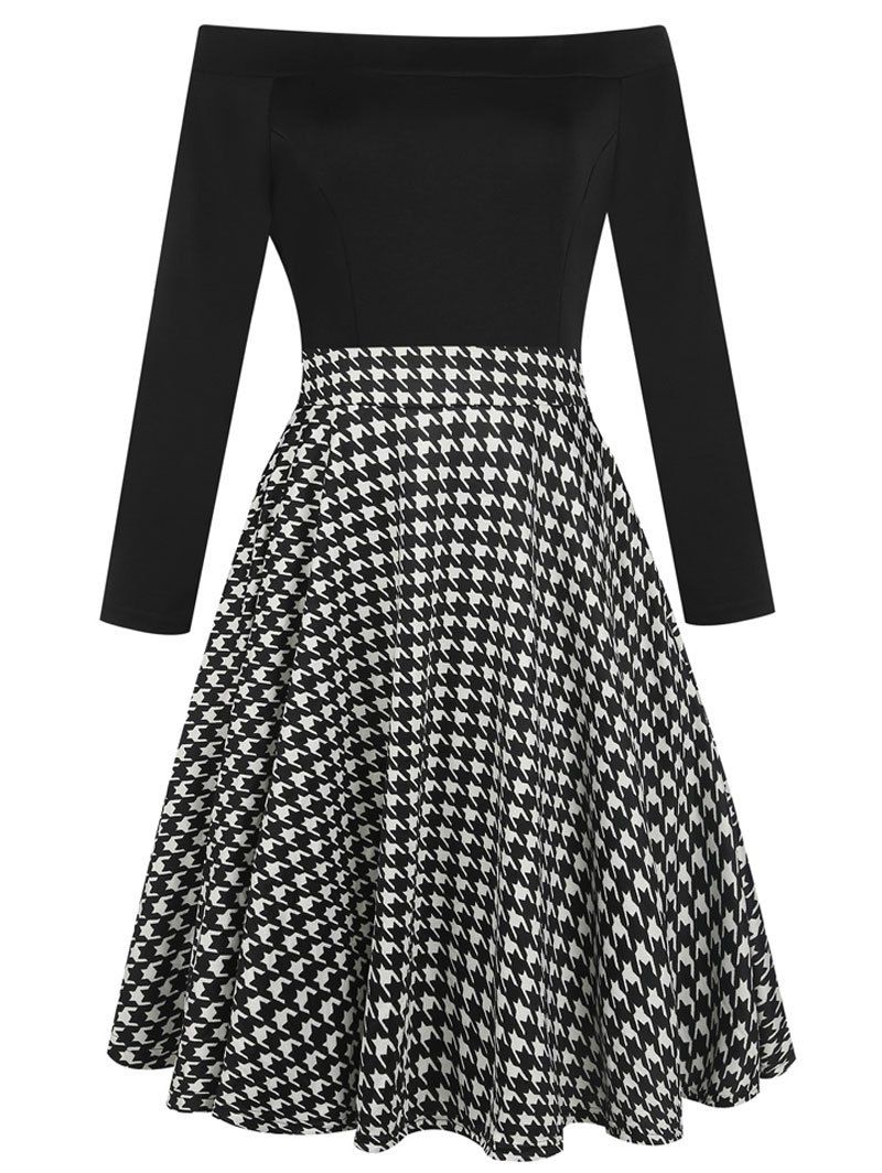 

Print Insert Off Shoulder Vintage Flare Dress, Colormix
