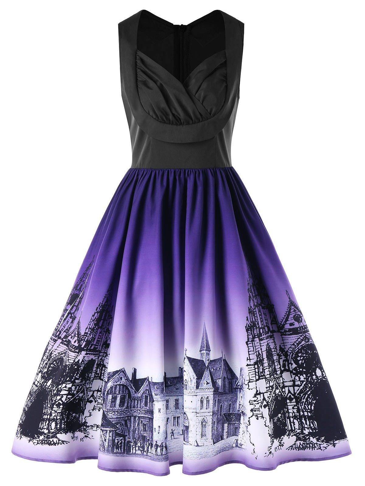 

Retro Buildings Print Ombre Sleeveless Flare Dress, Colormix