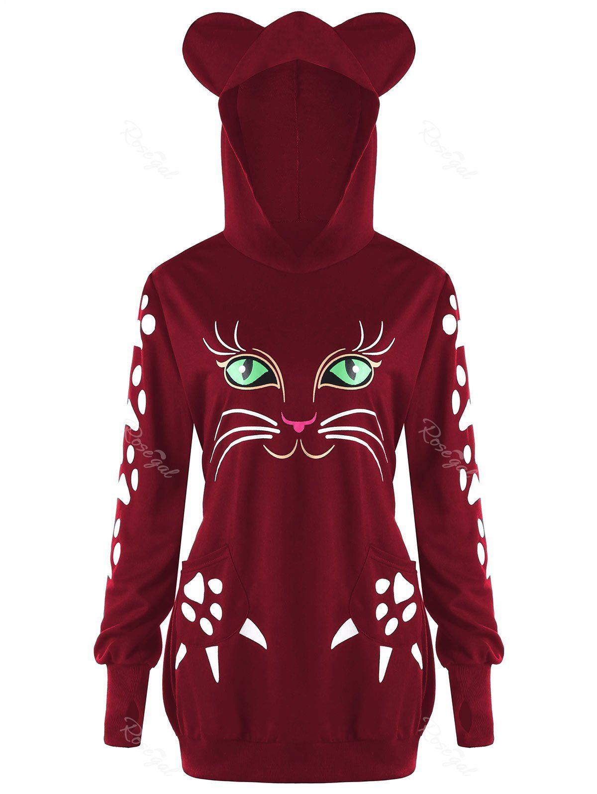 

Plus Size Cat Pattern Hoodie with Ears, Wine red