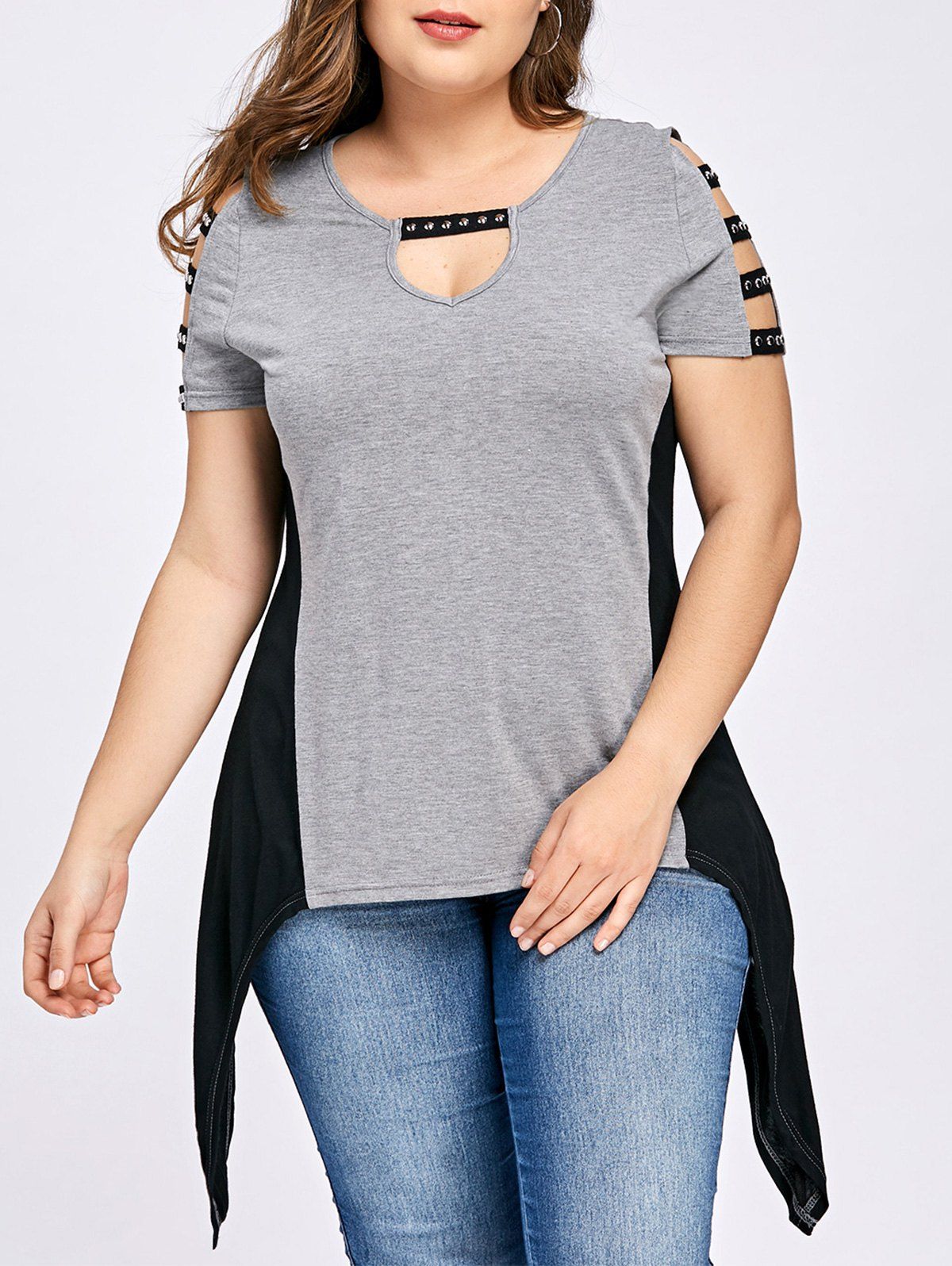 

Plus Size Keyhole Neck Ladder Cutout T-shirt, Gray