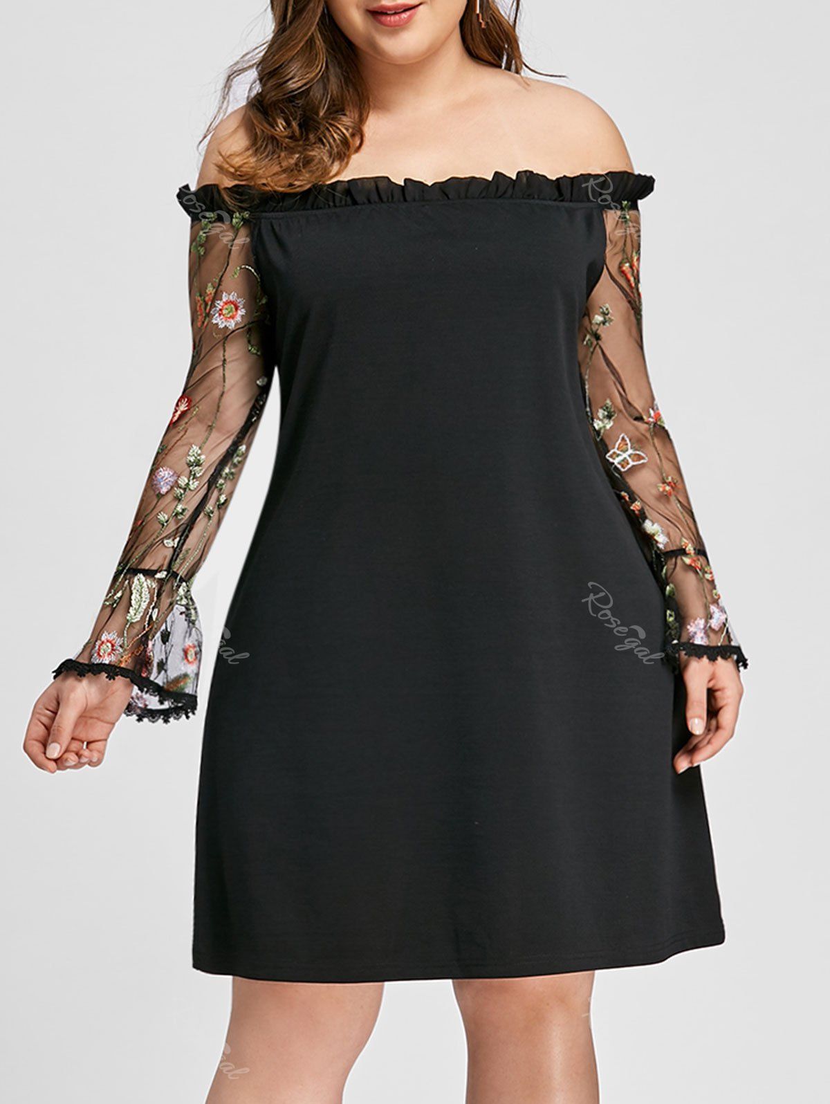 

Plus Size Ruffle Embroidery Off Shoulder Dress, Black