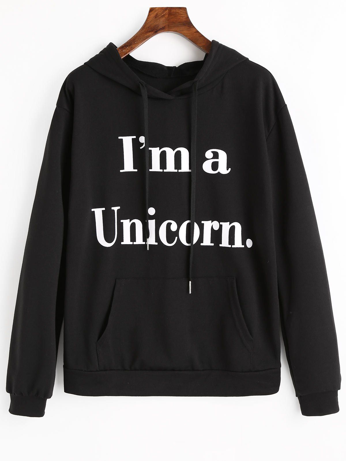 

Drawstring Unicorn Letter Graphic Hoodie, Black