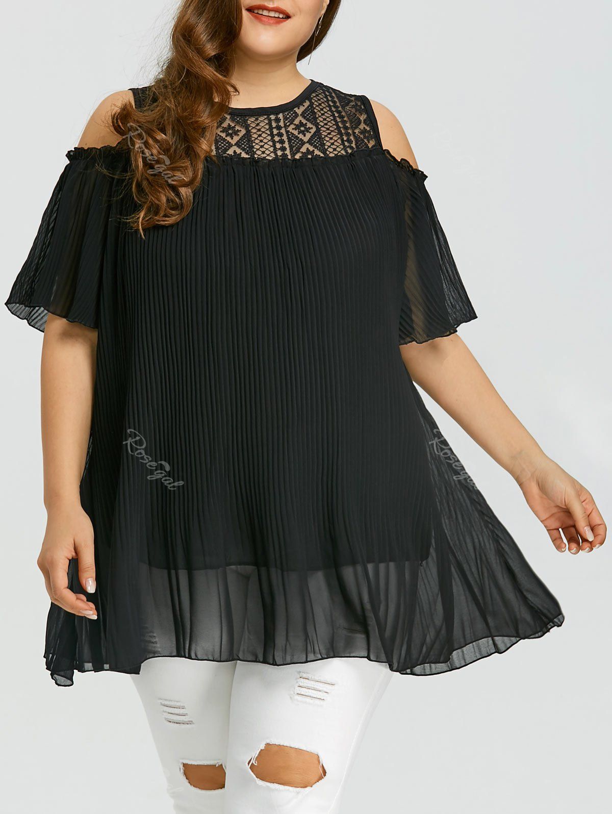 

Cold Shoulder Crinkle Plus Size Chiffon Top, Black