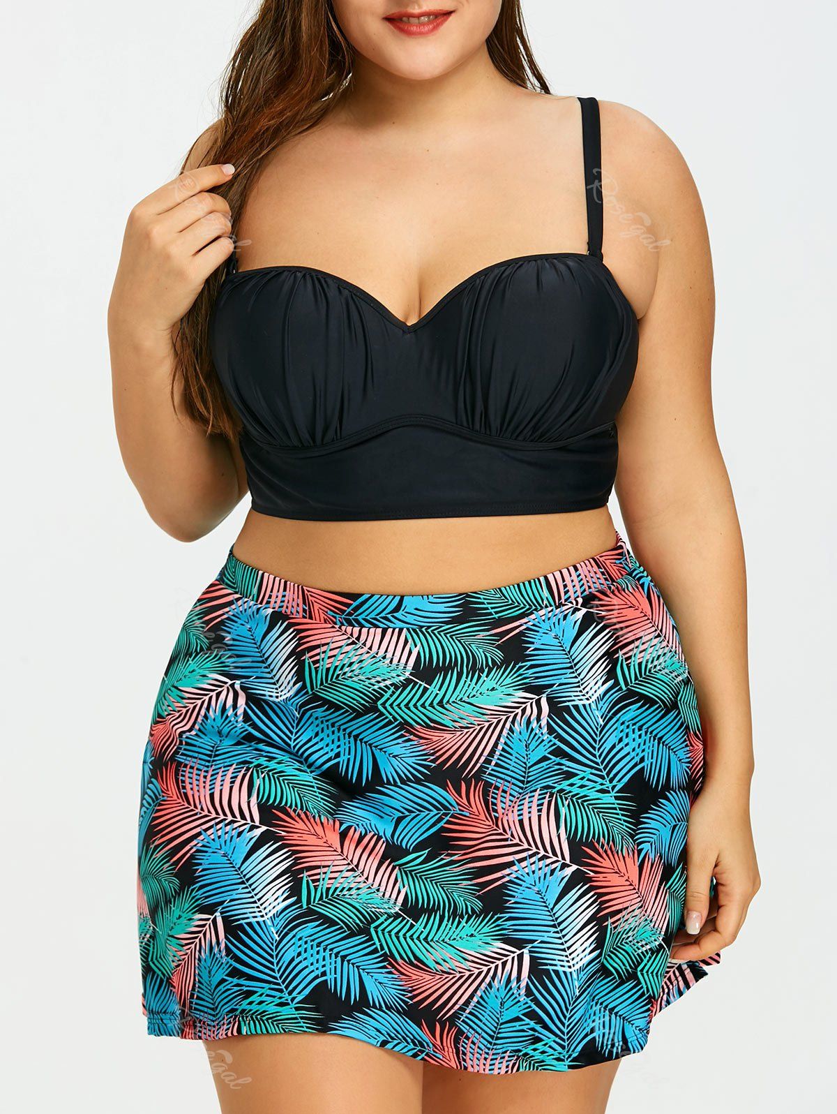 

Plus Size Leaves Print Skirted Bikini Set, Colormix