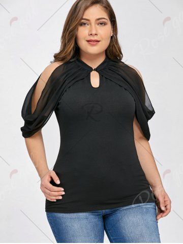 

Yarn Panel Plus Size Cold Shoulder T-shirt, Black