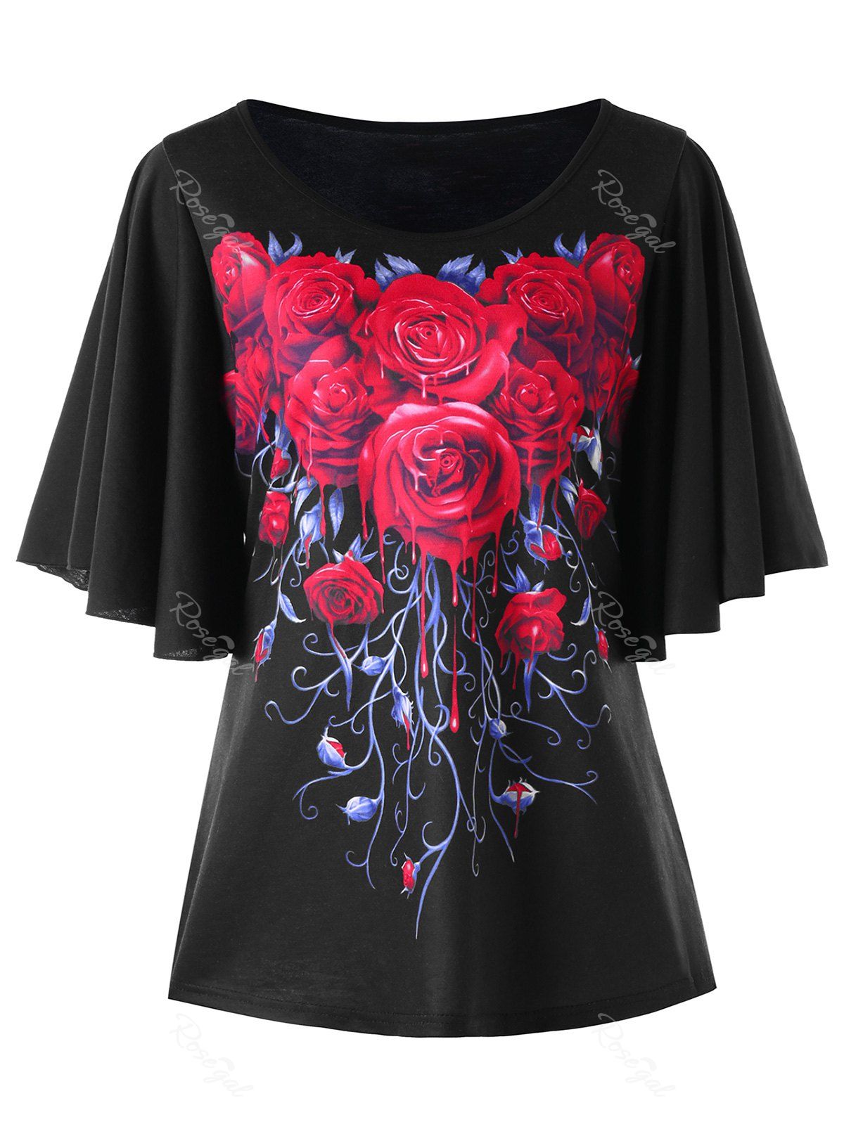 

Plus Size Rose Bell Sleeve T-shirt, Black