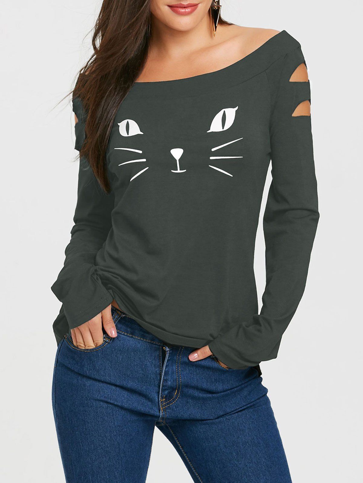 

Cat Face Print Ripped Long Sleeve T-shirt, Green grey