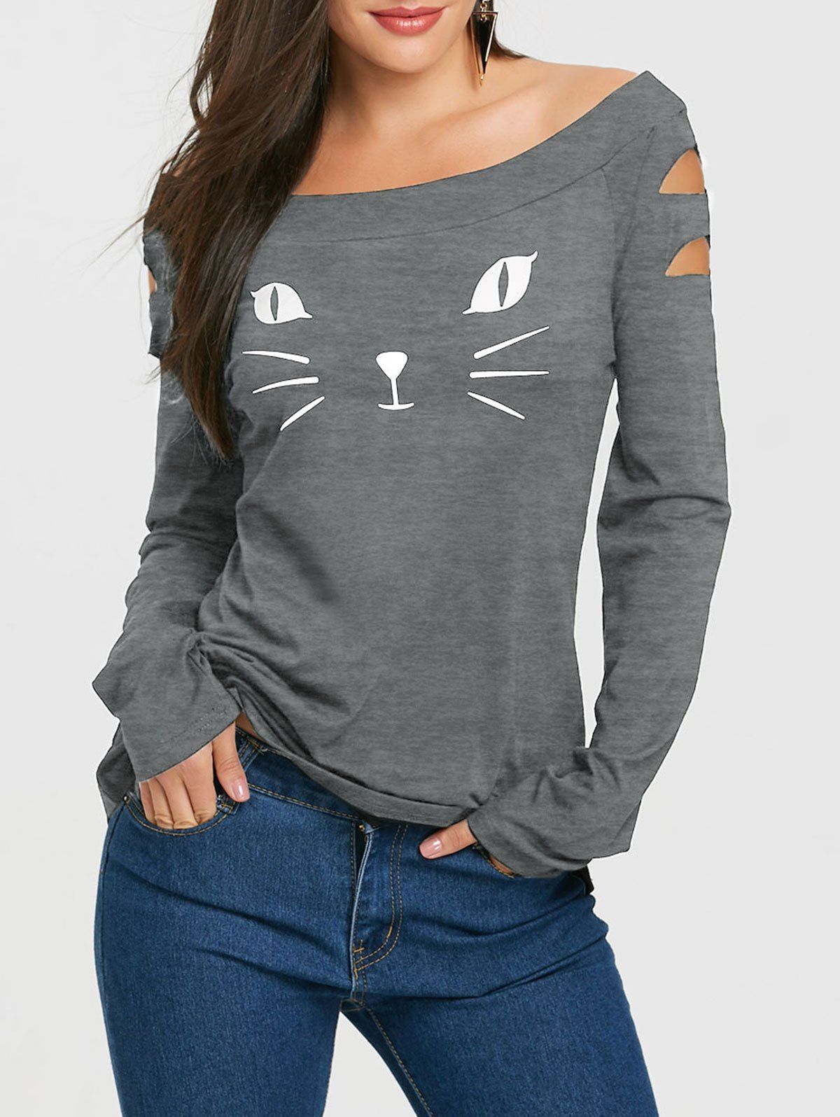 

Cat Face Print Ripped Long Sleeve T-shirt, Gray