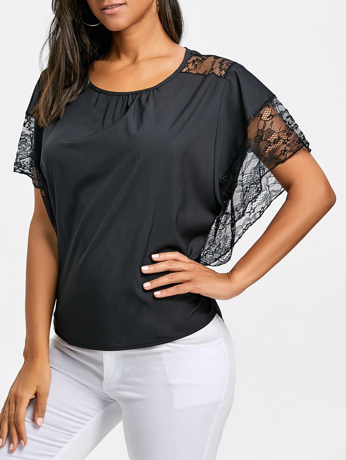 

Batwing Sleeve Lace Trimmed Blouse, Black