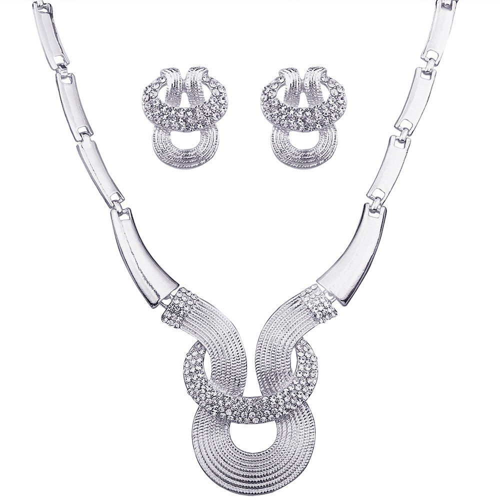 

Alloy Rhinestone Inlay Embellished Necklace Earrings Set, Silver