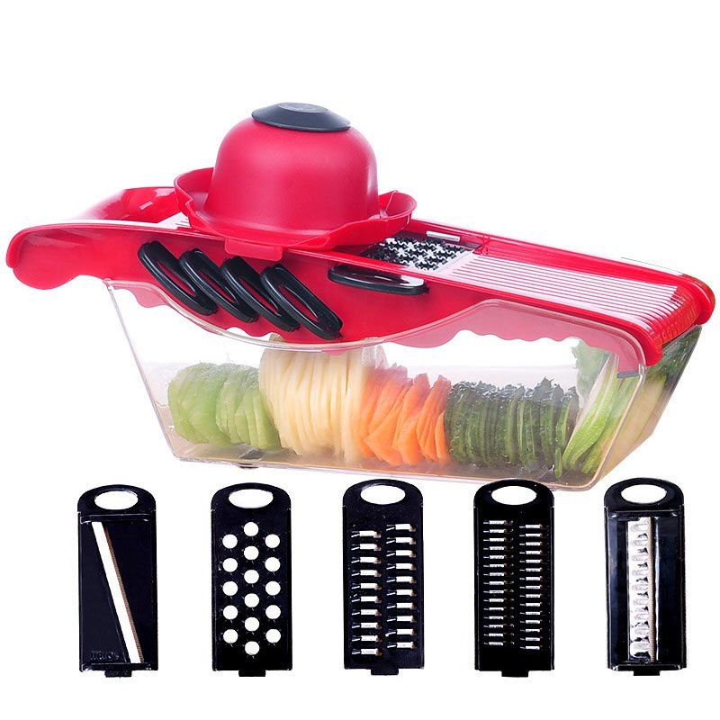 

5-in-1 Multifunction Interchangeable Blades Fruit Vegetable Slicer, Red and black