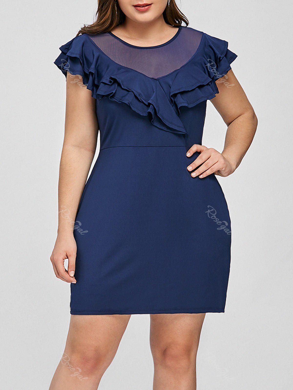 

Sheer Mesh Insert Ruffle Plus Size Dress, Purplish blue
