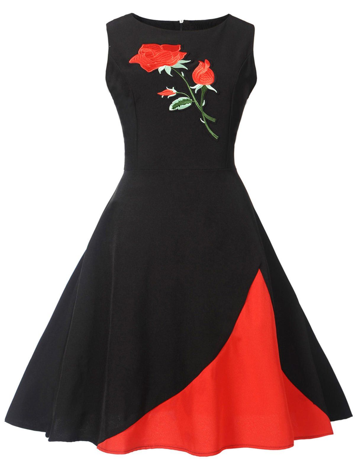 

Sleeveless Front Floral Printed Swing Dress, Black