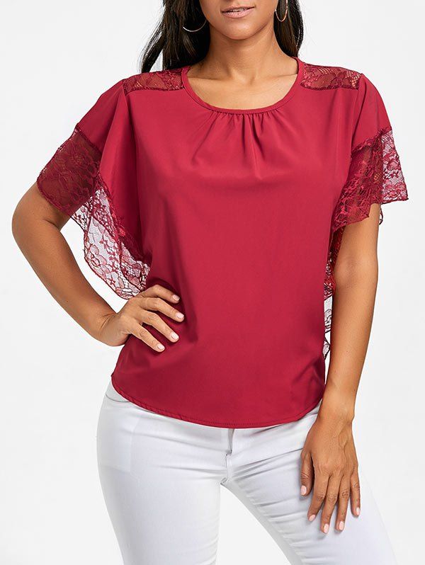 

Batwing Sleeve Lace Trimmed Blouse, Red