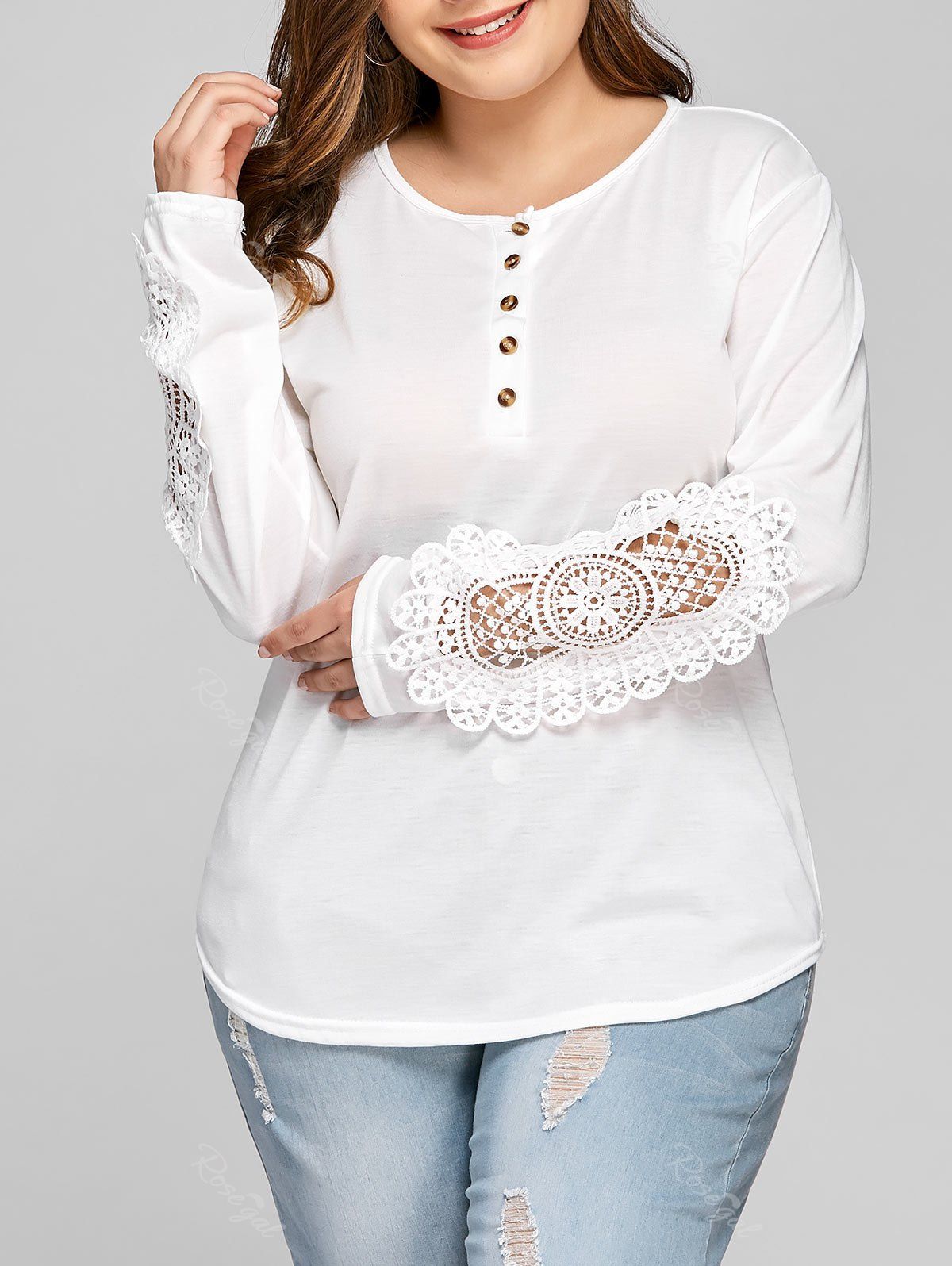 

Plus Size Crochet Half Button T-shirt, White